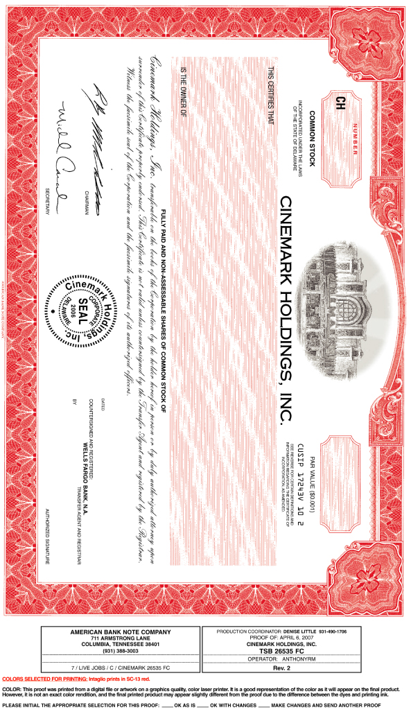 (CINEMARK STOCK CERTIFICATE)