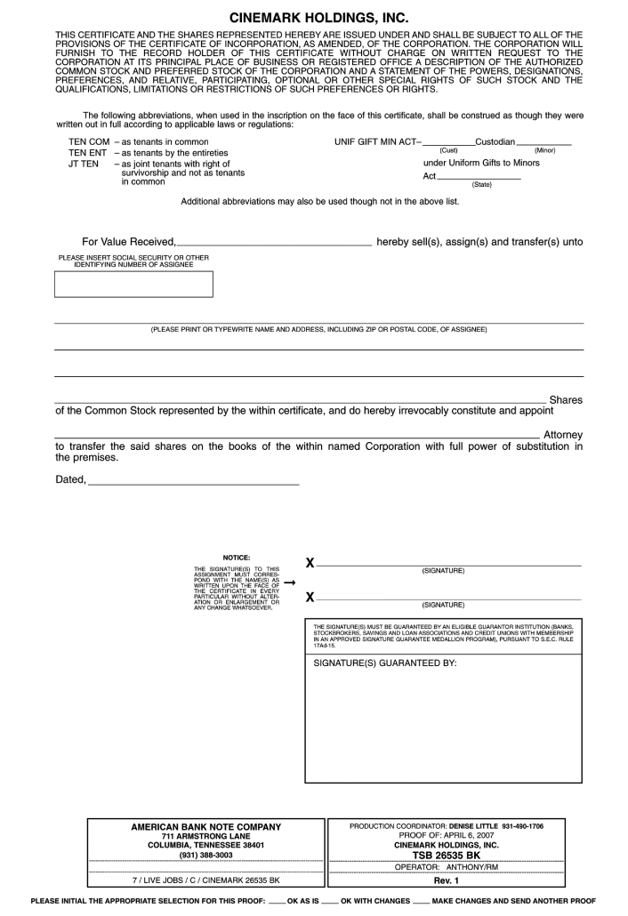 (CINEMARK BACK CERTIFICATE)